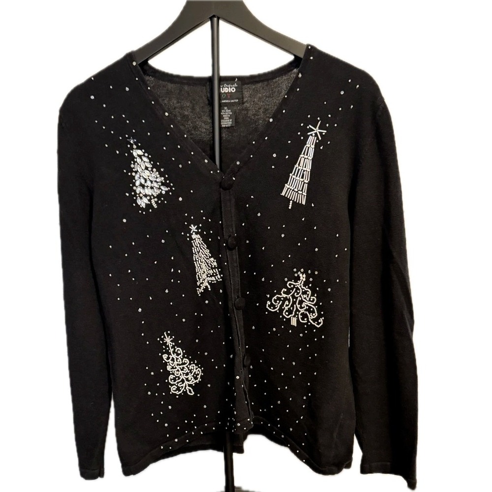 Vintage Designer's Originals‎ Studio Joy Sweater XL Black Sequin Pearl Snowflake